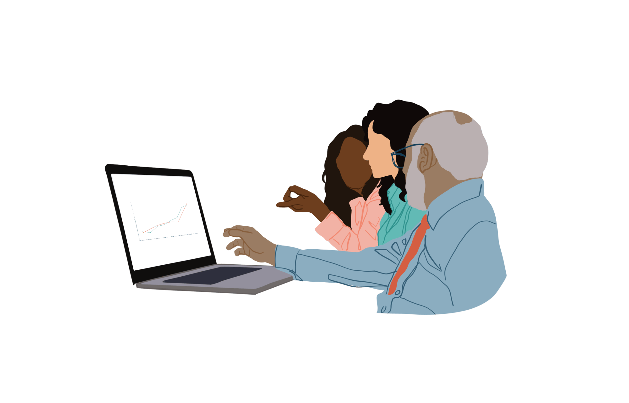 Tripod Illustration Library_Colleagues review data on laptop TRANSPARENT